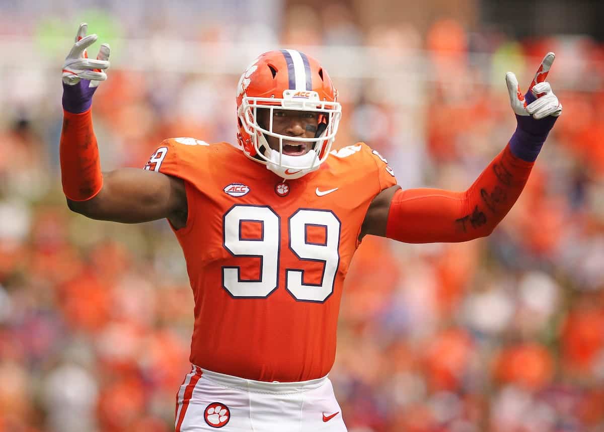 Las Vegas Raiders defensive end Clelin Ferrell (99) gets set on defense  during an NFL football