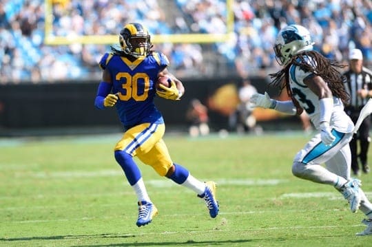 Los Angeles Rams running back Todd Gurley II (30) gains yards on a run  during an NFL football game against the New Orleans Saints, Sunday,  September 15, 2019 in Los Angeles. The