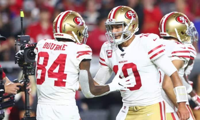 Kendrick Bourne of the San Francisco 49ers warms up before Super Bowl