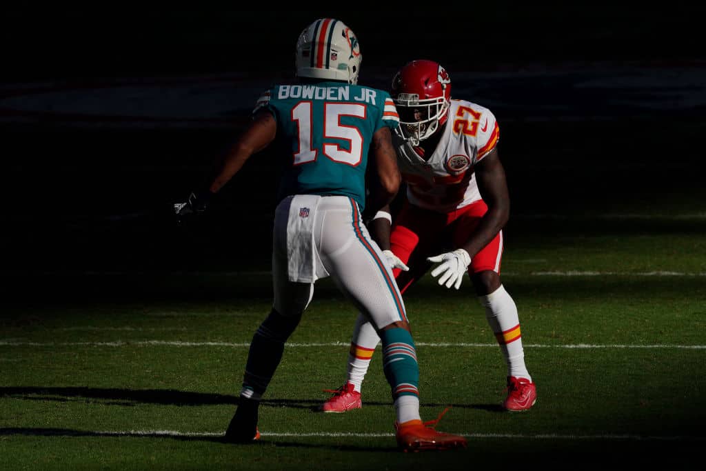 Miami Dolphins running back Lynn Bowden (15) runs the football during the  first half of an NFL …