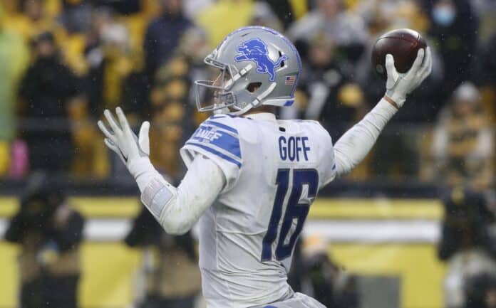 Detroit Lions quarterback Jared Goff (16) passes against the Pittsburgh Steelers.