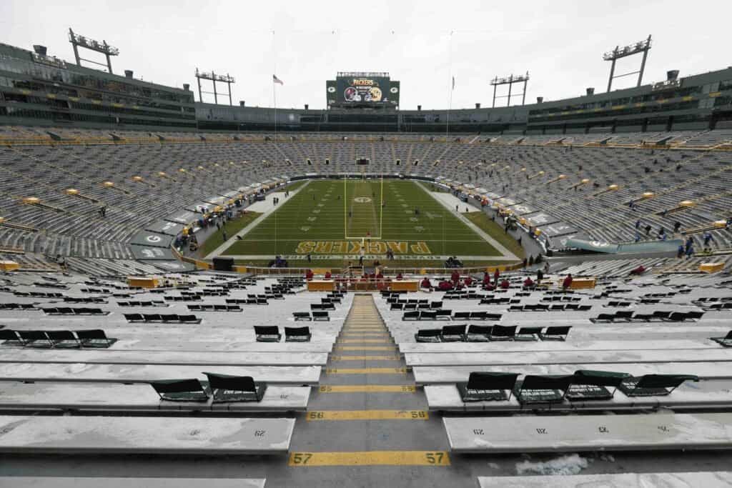 A live shot of Lambeau Field, home of the Green Bay Packers.