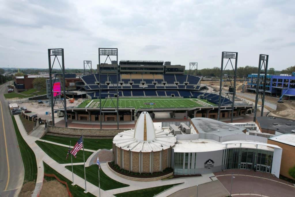 Tom Benson Hall of Fame Stadium aerial view, Fawcett Stadium, NFL