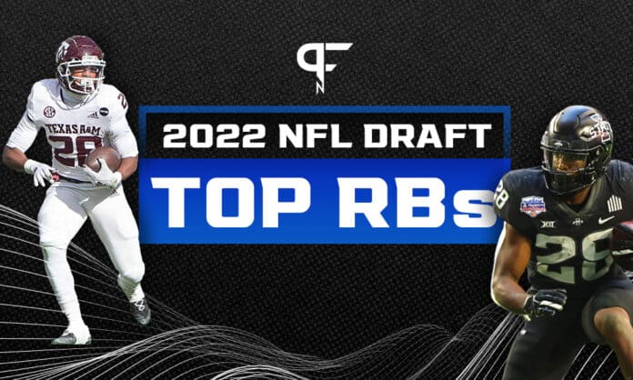 Top running backs in the 2022 NFL Draft include Isaiah Spiller, Breece Hall