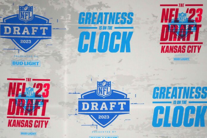 The 2023 NFL Draft logo on the main stage at Union Station.