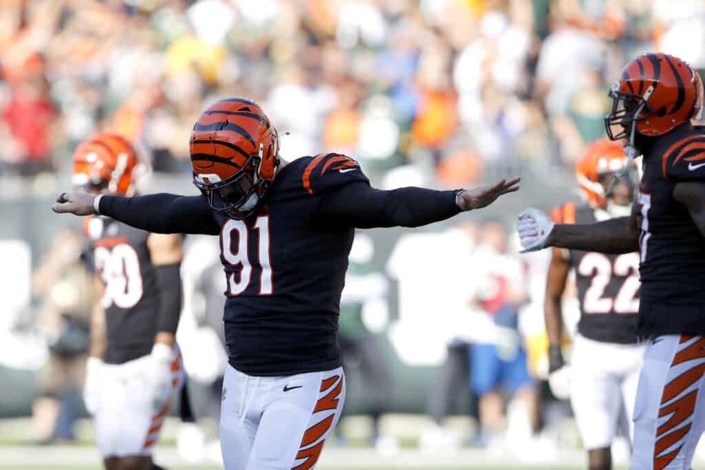 Cincinnati Bengals defensive end Trey Hendrickson (91) lines up against the  Chicago Bears during an NFL