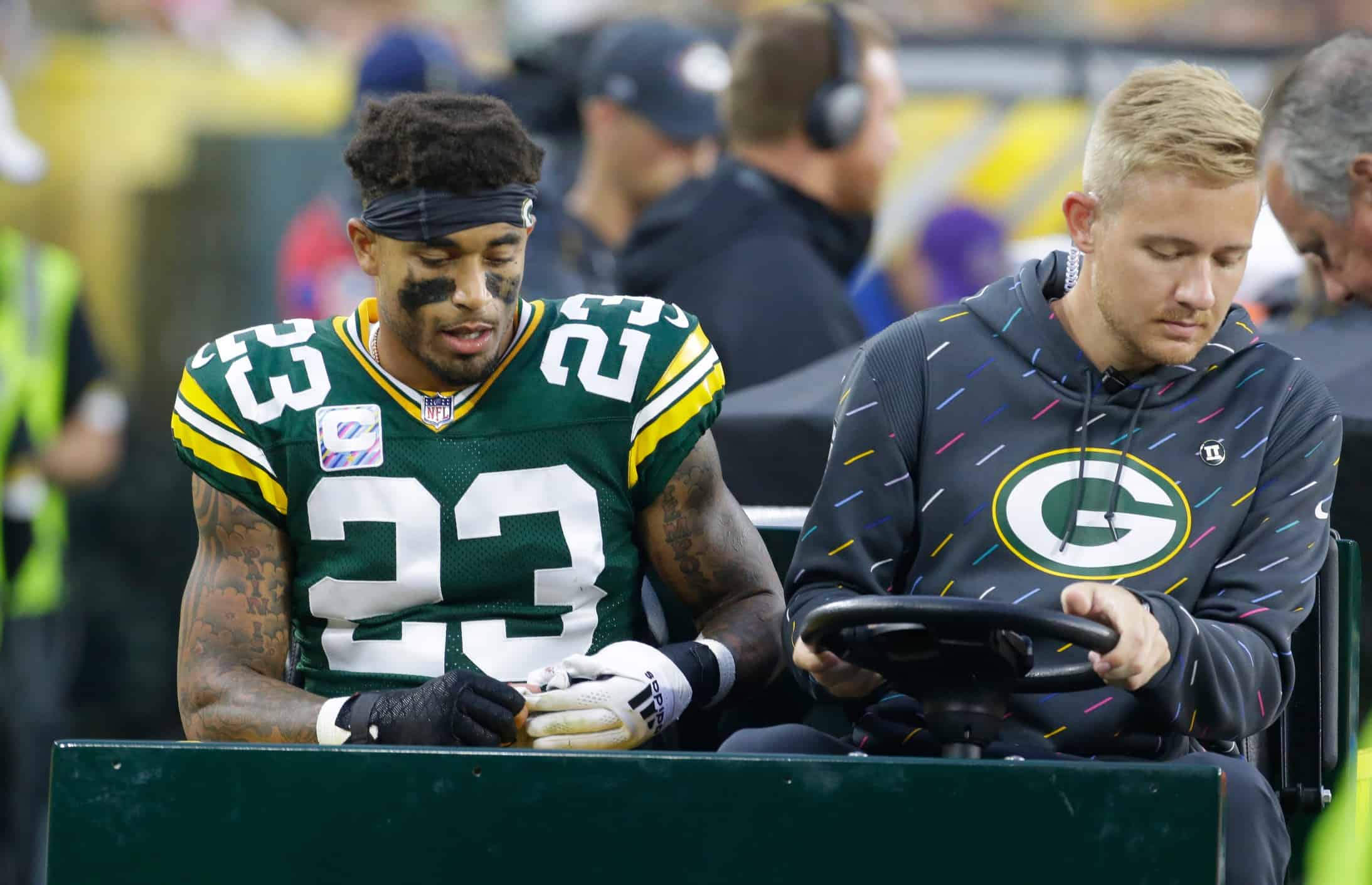 Green Bay Packers cornerback Jaire Alexander (23) defends against