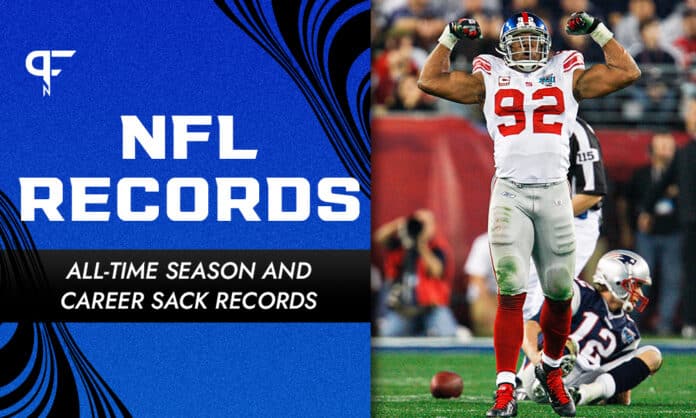 Custom graphic showing Michael Strahan, who owns the single-season NFL sack record, flexing after making a sack. The text on the graphic reads 