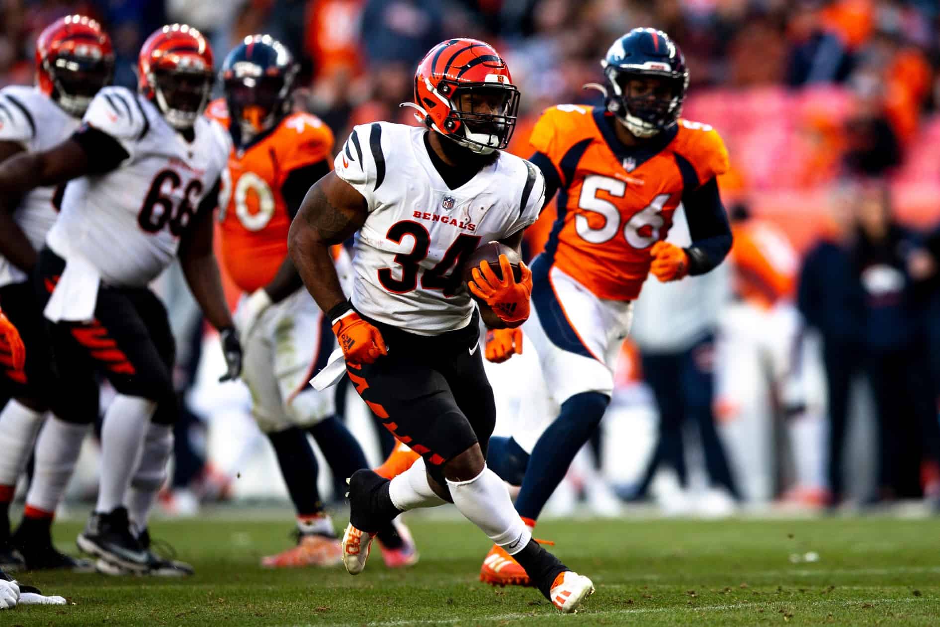 Pittsburgh, Pennsylvania, USA. 20th Nov, 2022. November 20th, 2022  Cincinnati Bengals running back Joe Mixon (28) and Cincinnati Bengals  running back Samaje Perine (34) celebrate after scoring a touchdown during  Pittsburgh Steelers