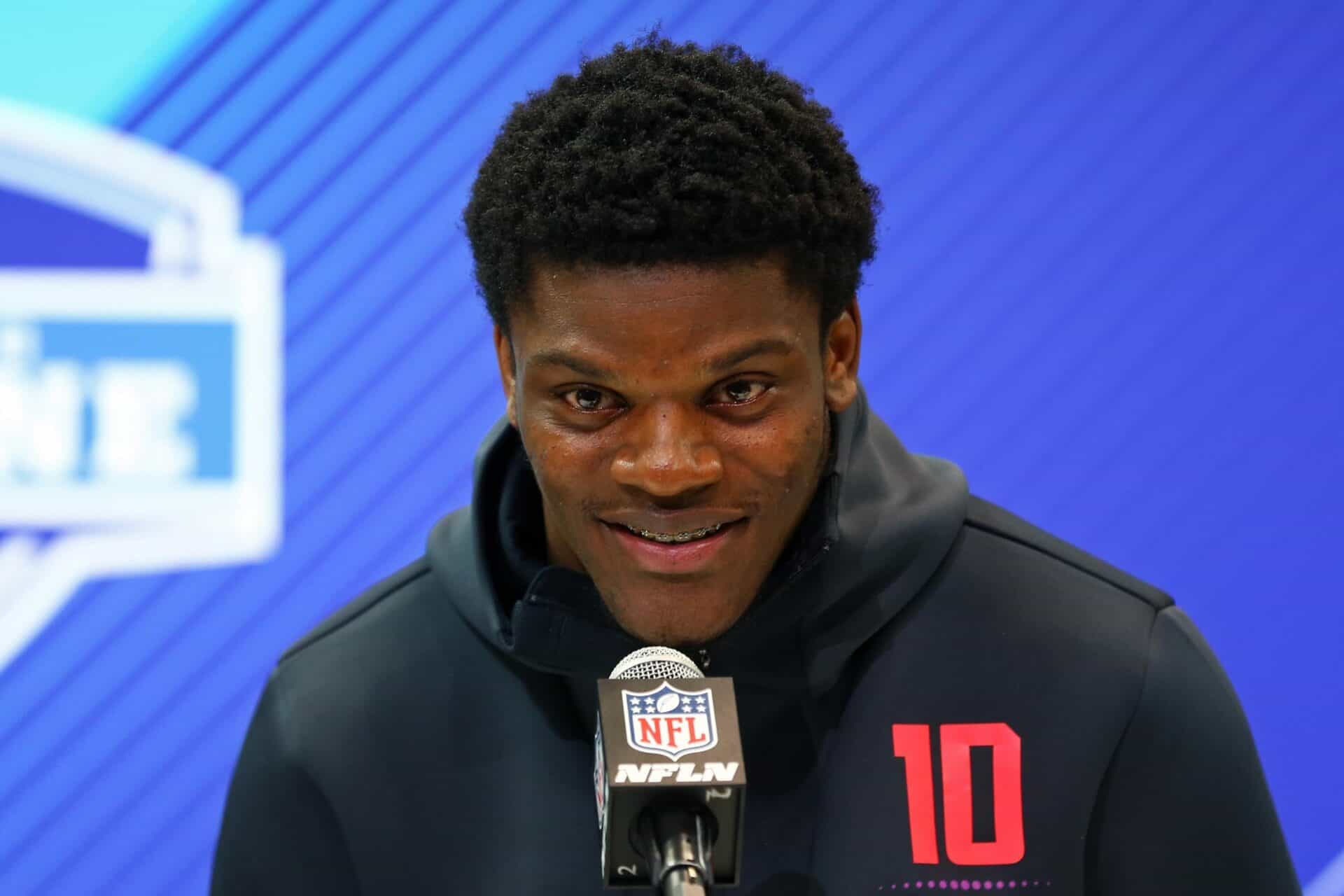 Quarterback Lamar Jackson talks to the media at the NFL Scouting Combine.