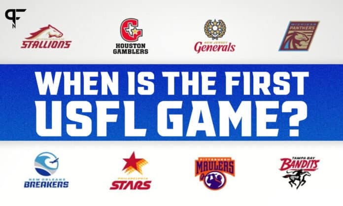 When is the first USFL game, and who are the two teams playing?
