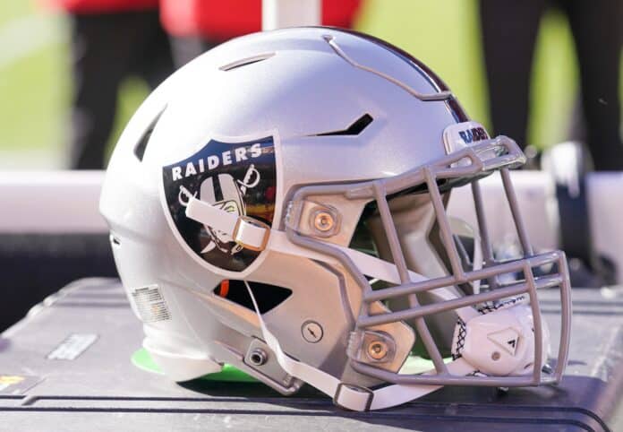 The Las Vegas Raiders helmet laid out on the team's bench.
