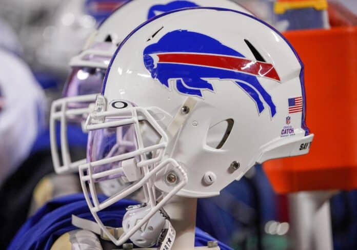 The Buffalo Bills helmet displayed hanging on the sidelines.