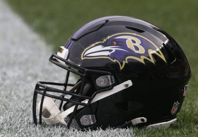 The Baltimore Ravens helmet displayed on the sidelines.