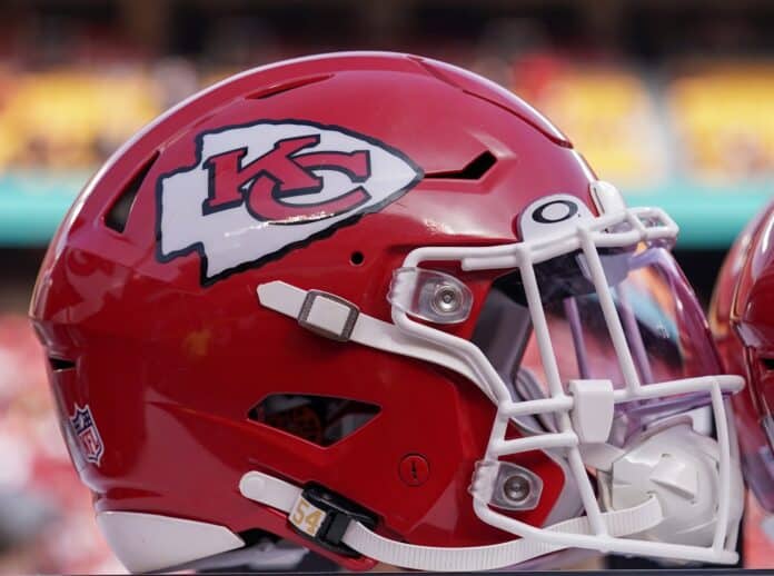 The Kansas City Chiefs helmet displayed on the team's sidelines.