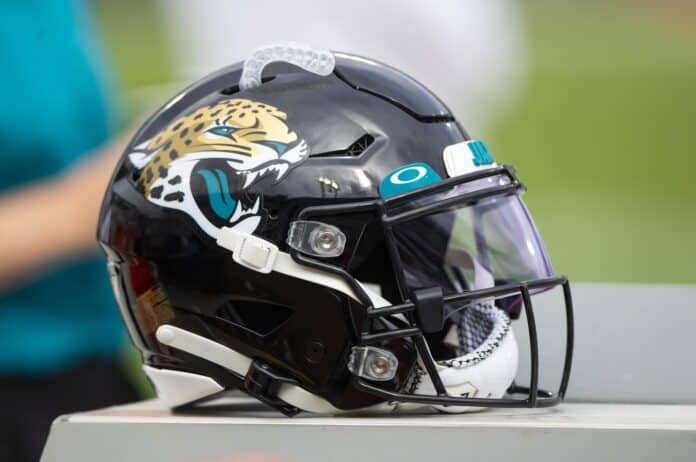 The Jacksonville Jaguars helmet pictured on the Jaguars' bench.