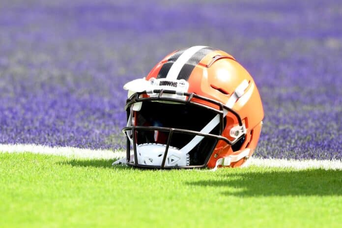 The Cleveland Browns helmet displayed on the field.