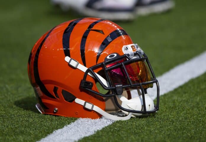 The Cincinnati Bengals helmet displayed on the field.