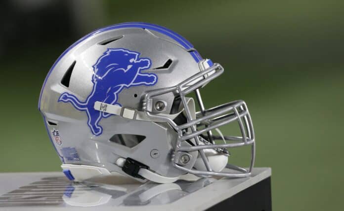 A picture of the Detroit Lions helmet taken on the sidelines.