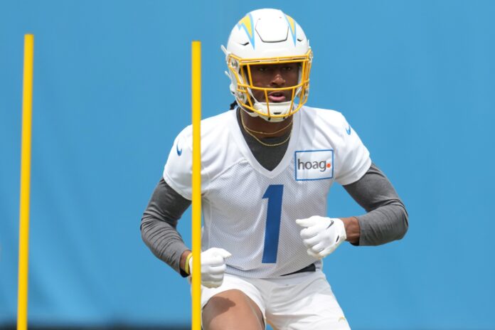 Los Angeles Chargers WR Quentin Johnston (1) during drills at rookie minicamp.