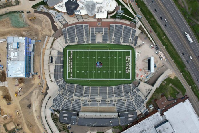 A general aerial view of Tom Benson Hall of Fame Stadium (formerly Fawcett Stadium). The stadium is the site of the annual Pro Football Hall of Fame Game.