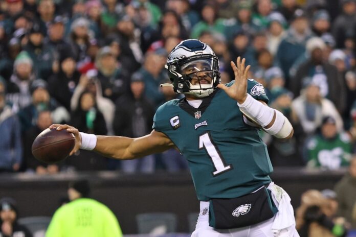Philadelphia Eagles QB Jalen Hurts (1) throws a pass against San Francisco in the NFC Championship Game.