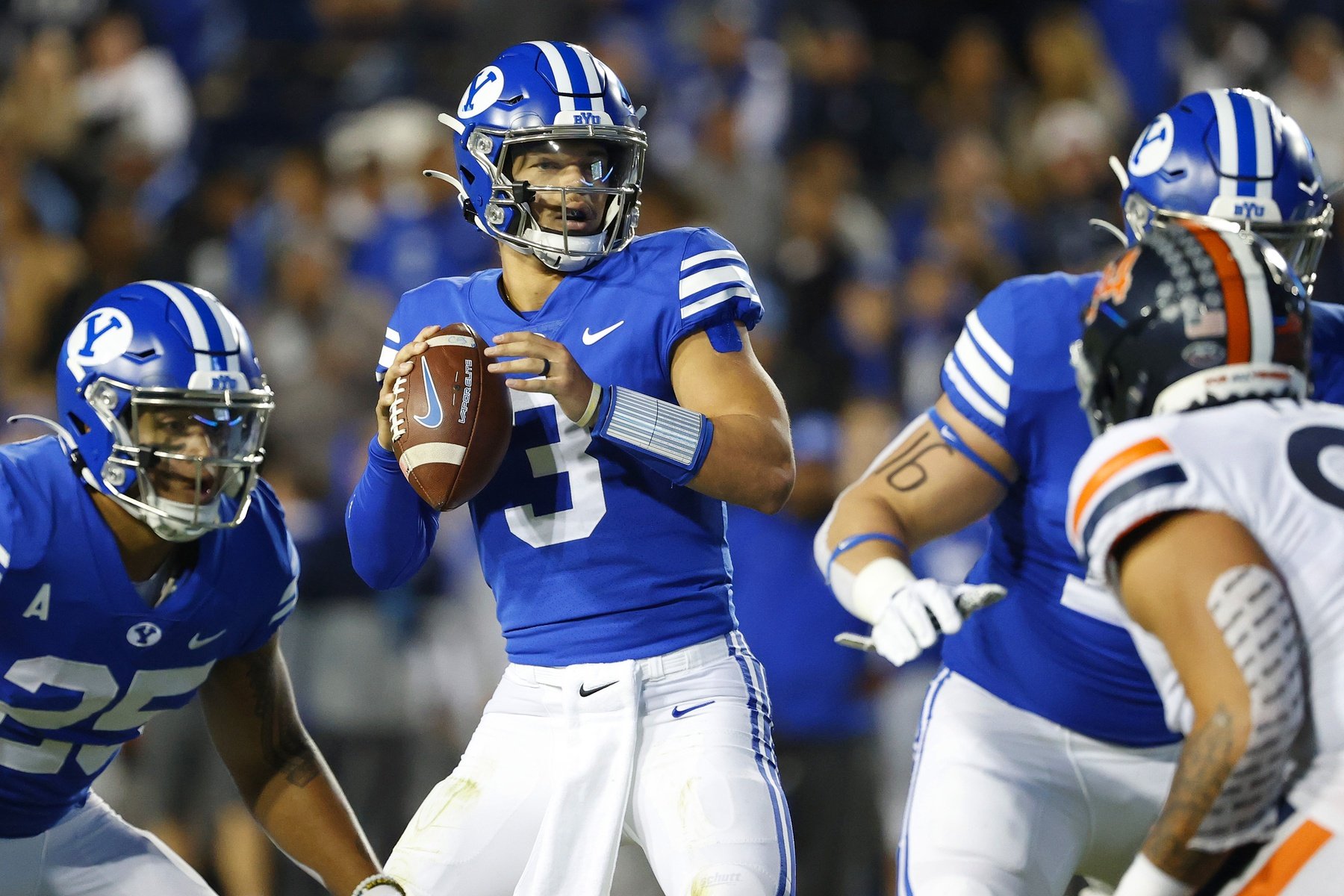 Minnesota Vikings quarterback Jaren Hall looks to throw against