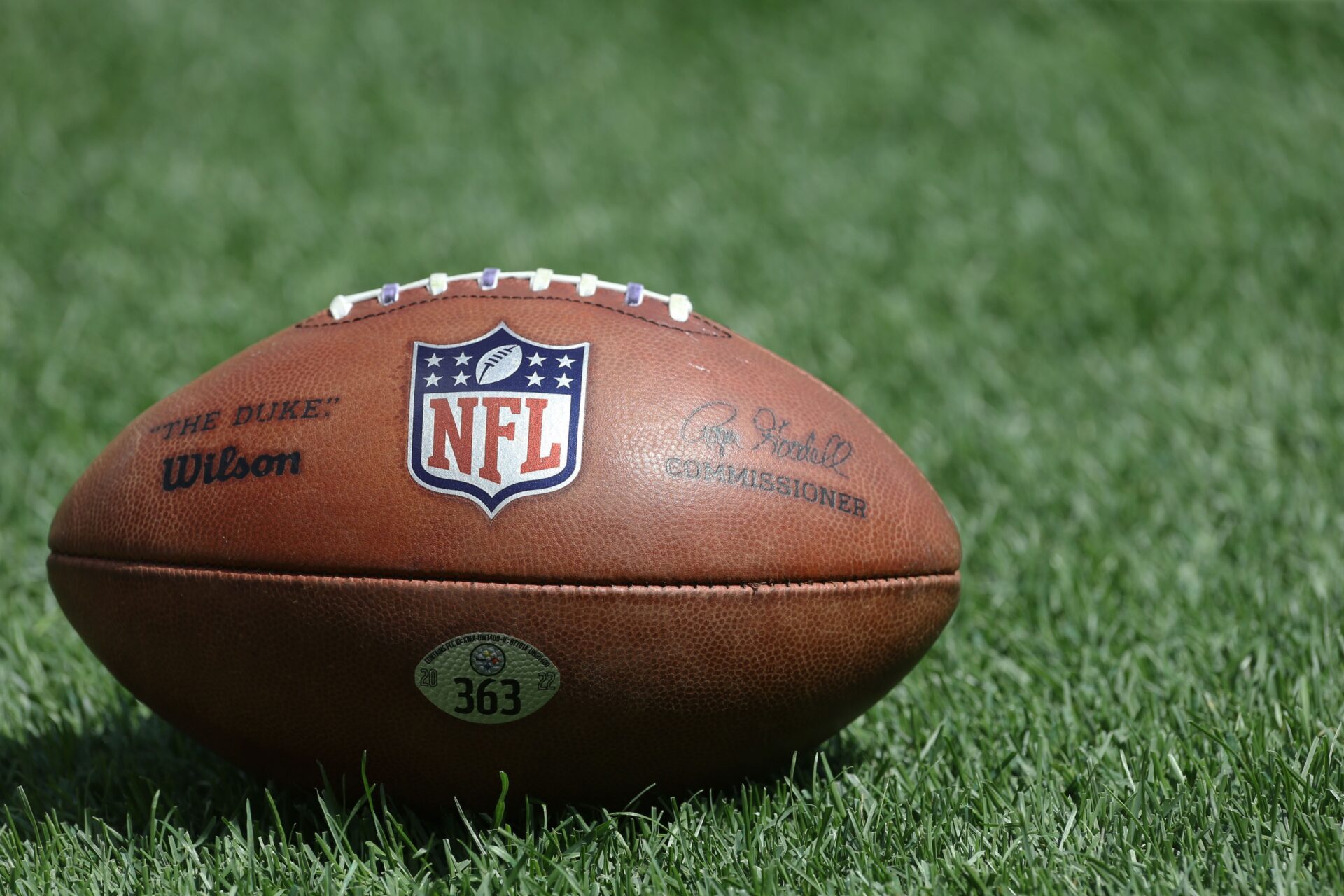 An NFL football displayed on the field.