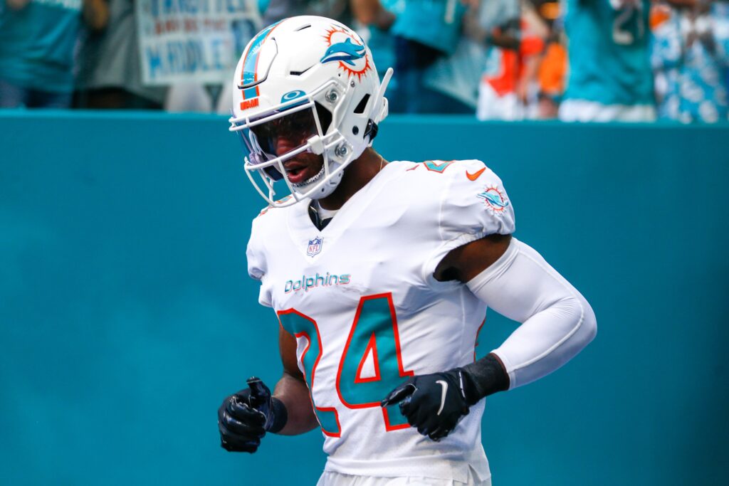 Eric Rowe of the Miami Dolphins looks on against the Cleveland Browns