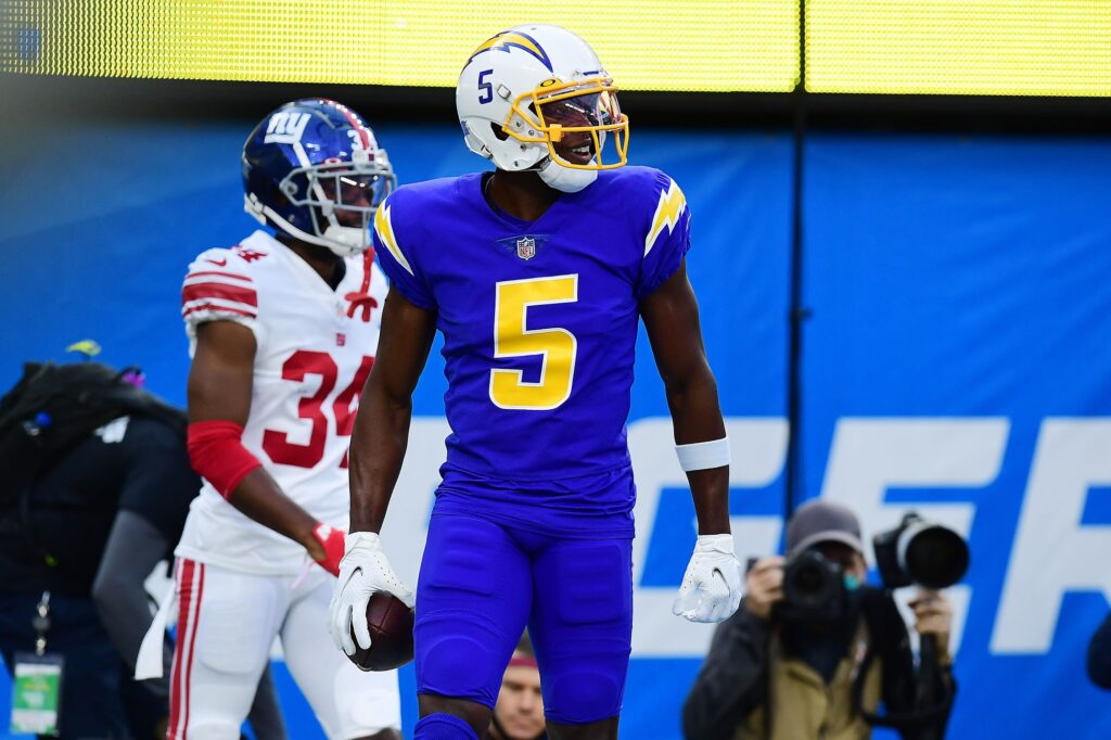 September 12, 2021: Los Angeles Chargers wide receiver Josh Palmer (5)  lines up before the play during the NFL regular season game between the Los  Angeles Chargers and the Washington Football Team