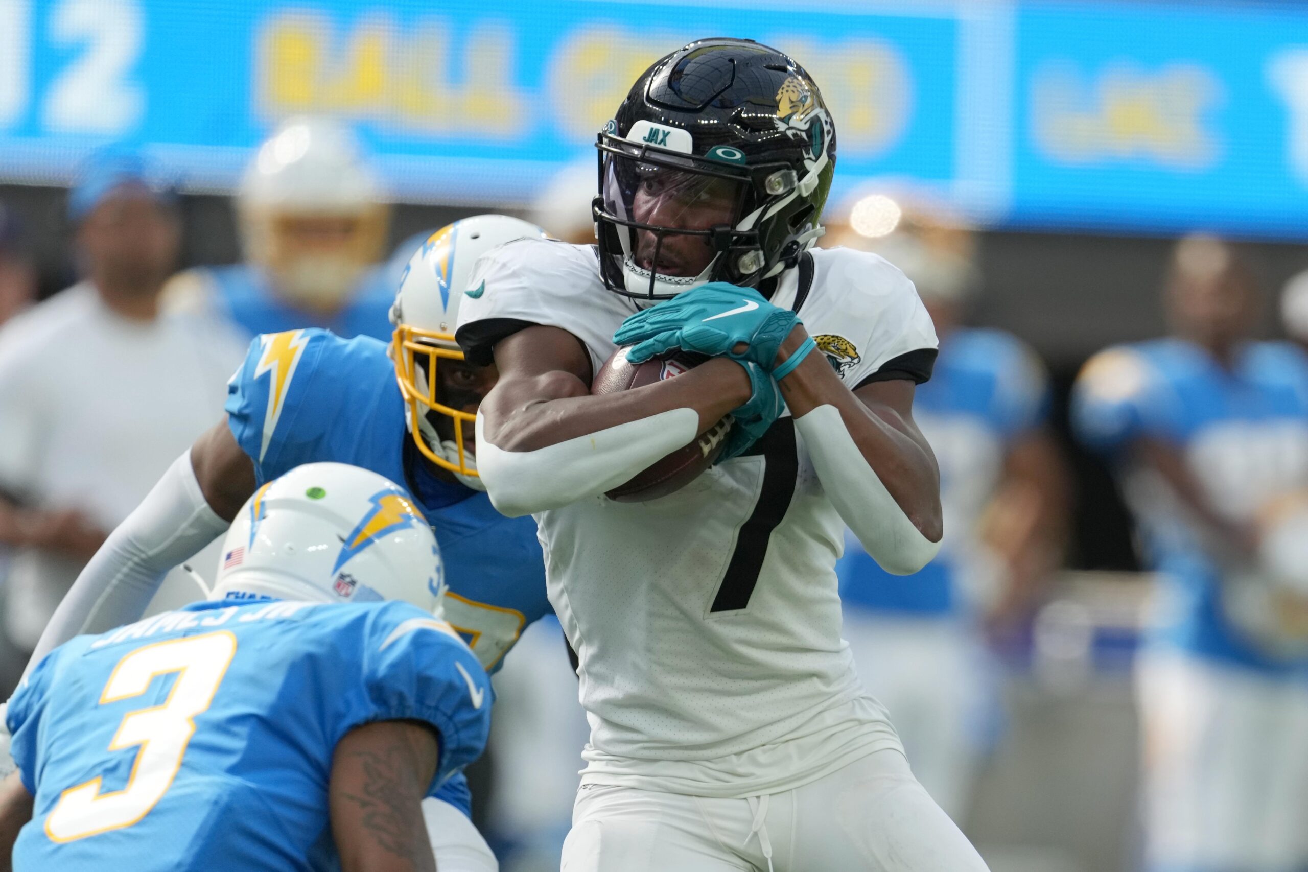 Jacksonville Jaguars wide receiver Zay Jones (7) in action during an NFL  football game against the