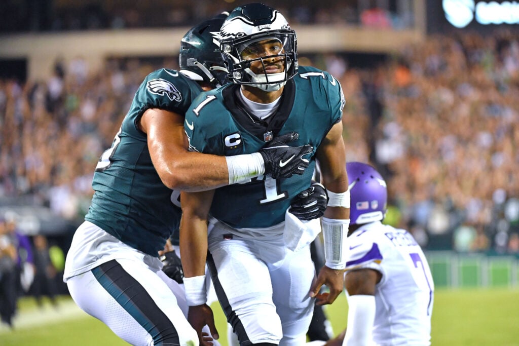 Minnesota Vikings wide receiver Jalen Reagor runs with the ball as  Philadelphia Eagles safety K'Von Wallace defends during an NFL football  game, Monday, Sept. 19, 2022, in Philadelphia. (AP Photo/Matt Rourke Stock