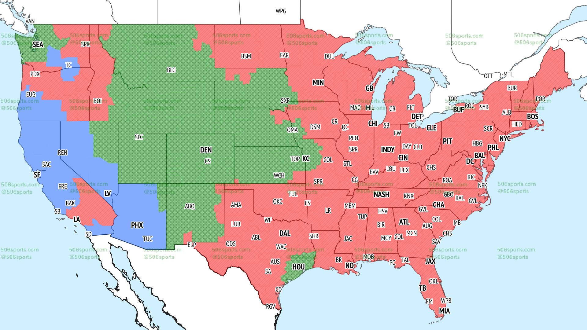 NFL coverage map of late CBS games in Week 2
