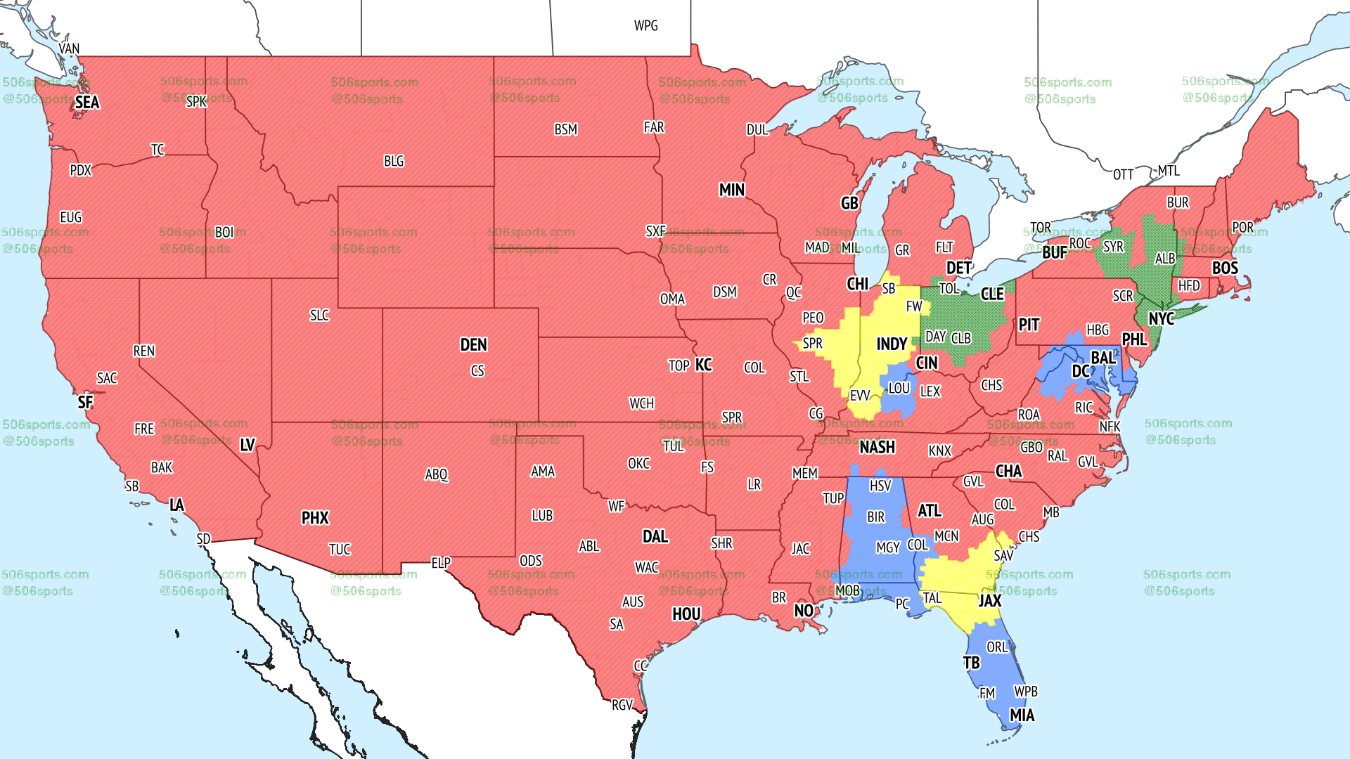 NFL coverage map of early CBS games in Week 2