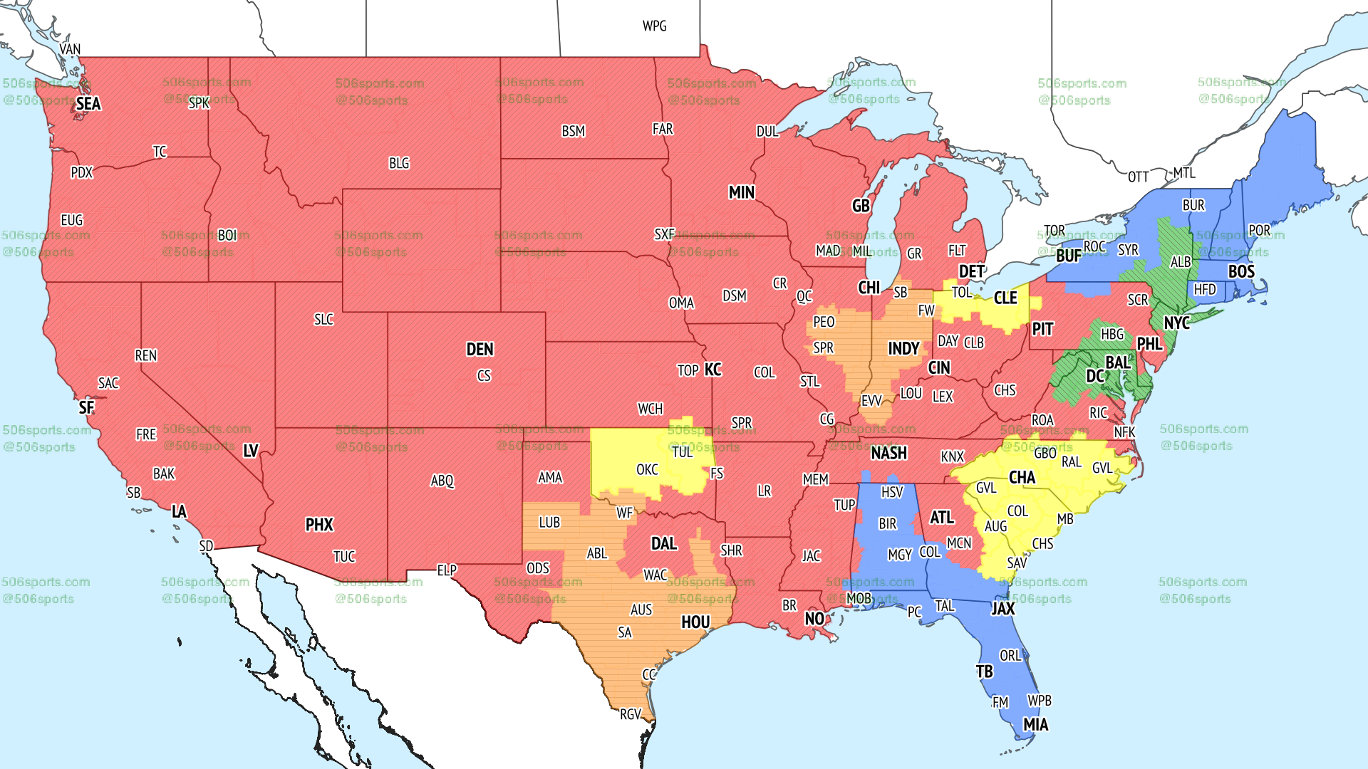 NFL coverage map of early CBS games in Week 1