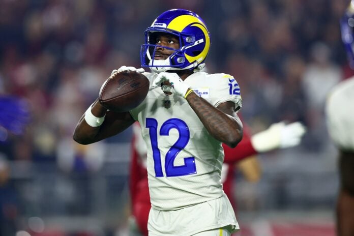 INDIANAPOLIS, IN - SEPTEMBER 19: A Los Angeles Rams helmet sits on