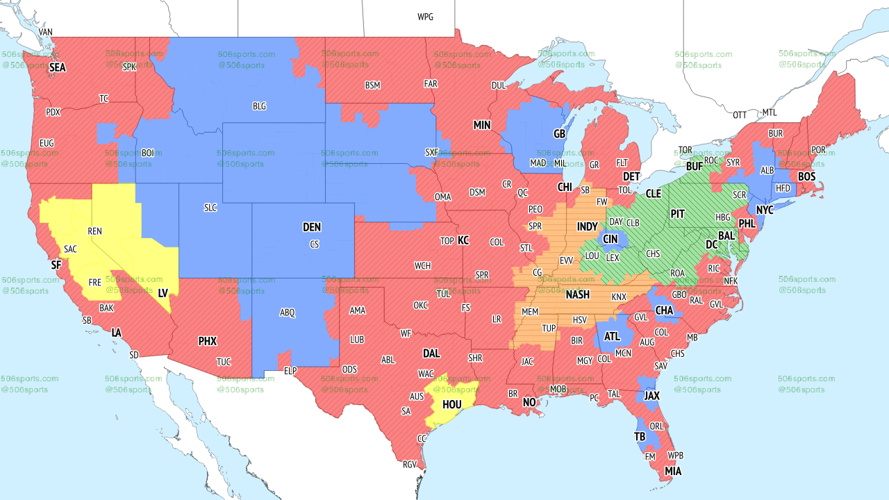 This NFL coverage map shows which games are being played in which areas of the U.S. by color for the NFL's Week 7 games.