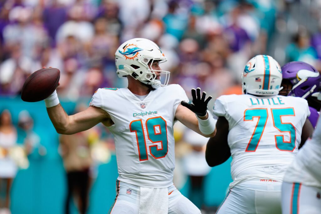 Skylar Thompson of the Miami Dolphins looks to pass in the first