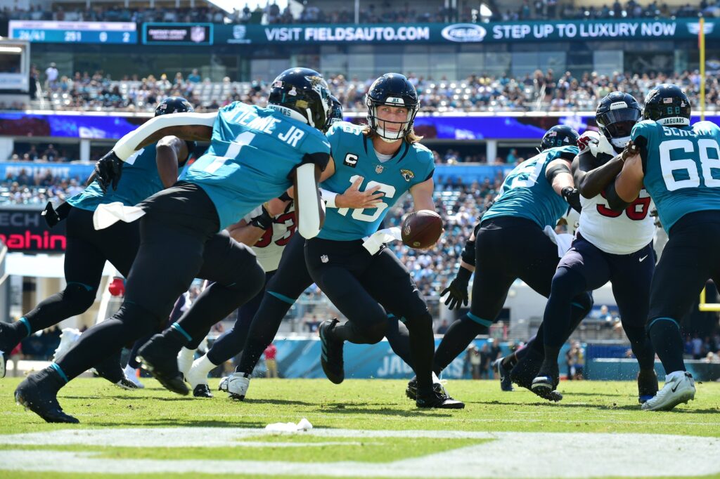 Jacksonville Jaguars linebacker Travon Walker (44) walks the sideline  during the second half of an NFL football game against the Baltimore  Ravens, Sunday, Nov. 27, 2022, in Jacksonville, Fla. The Jacksonville  Jaguars