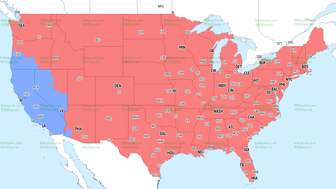 Coverage map of the United States showing which games by color will be shown in CBS' late NFL window in Week 13,2022.