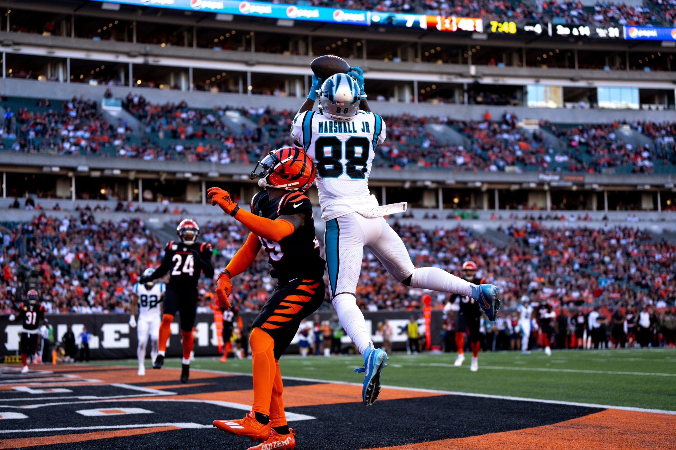 Carolina Panthers wide receiver Terrace Marshall Jr. (88) lines up during  the first half of an NFL football game against the Atlanta Falcons, Sunday,  Sep. 10, 2023, in Atlanta. The Atlanta Falcons