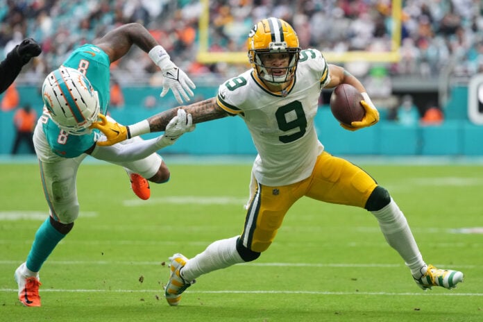 Packers receiver Christian Watson out vs Dolphins with hip injury