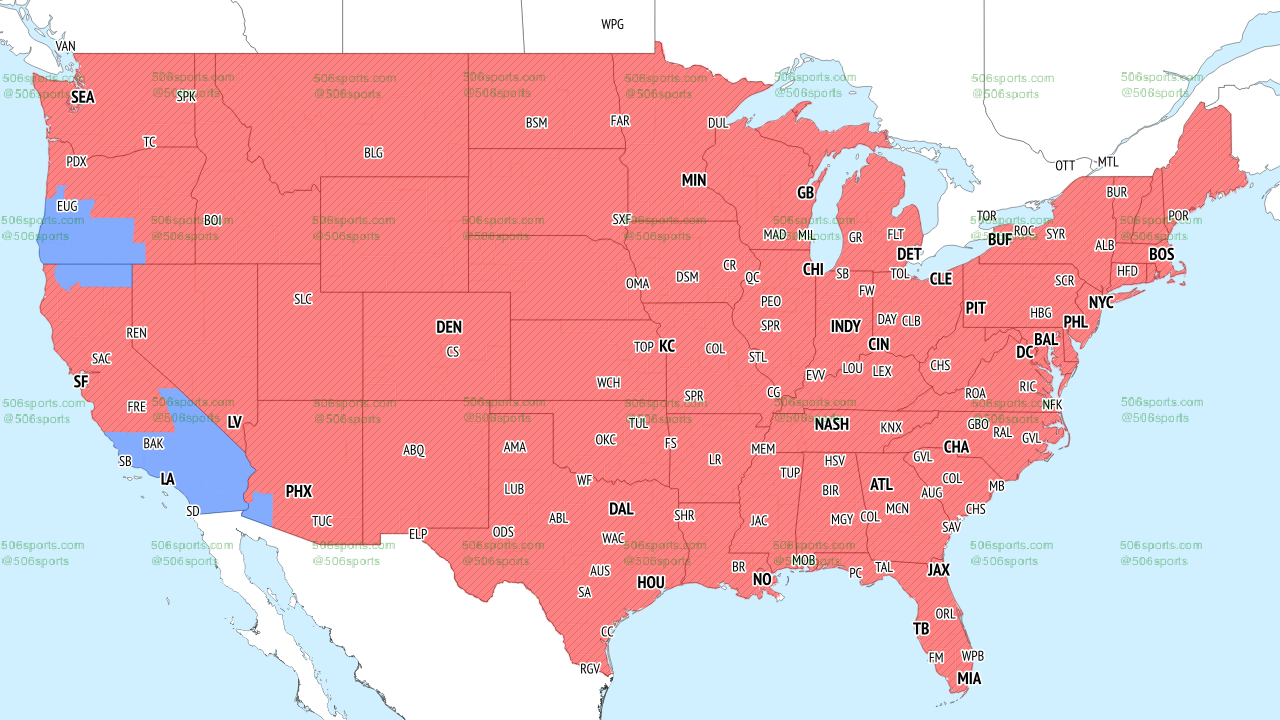 NFL coverage map color coded to show which games will be televised where on CBS in the late slate of games in Week 17, 2022