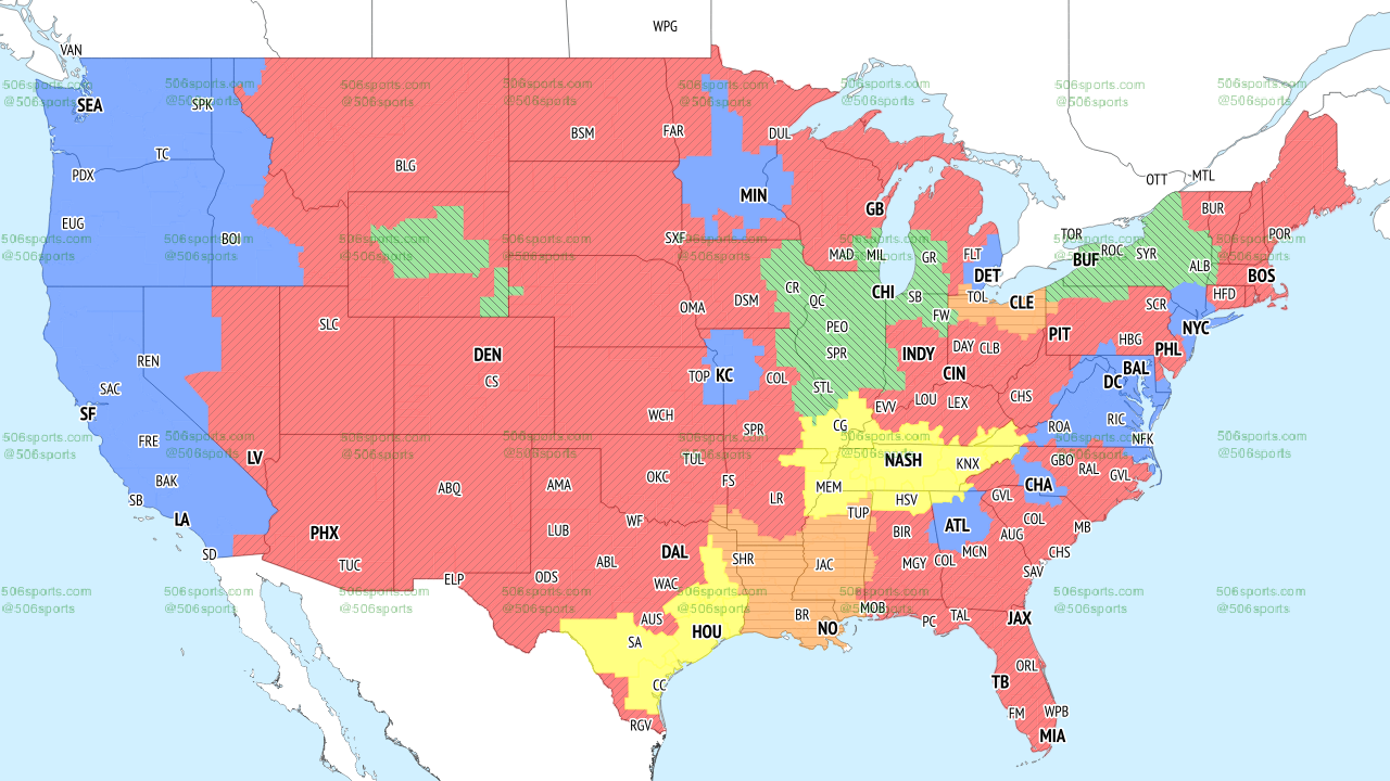 NFL coverage map color coded to show which games will be televised where on CBS in Week 16, 2022