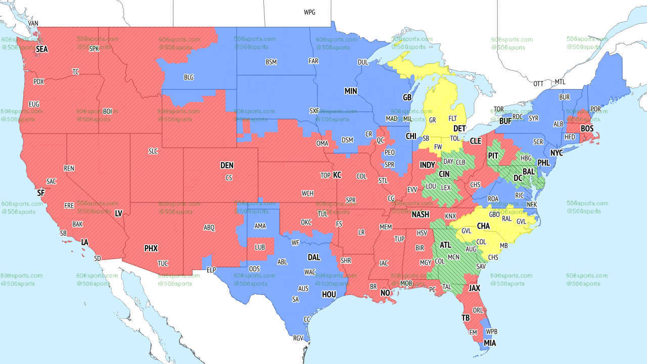 NFL coverage map color coded to show which games will be televised where on FOX in the early slate of games in Week 16, 2022
