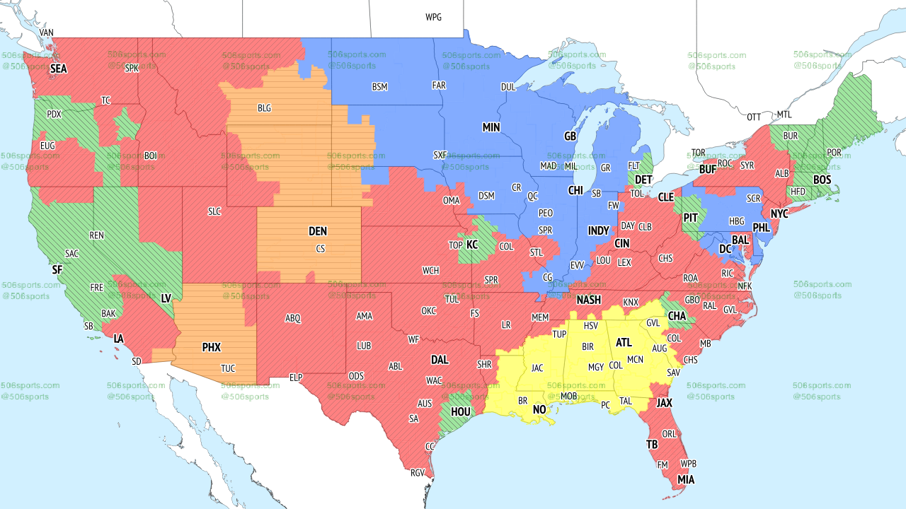 Colored map of the FOX Single games for NFL Week 15, 2022