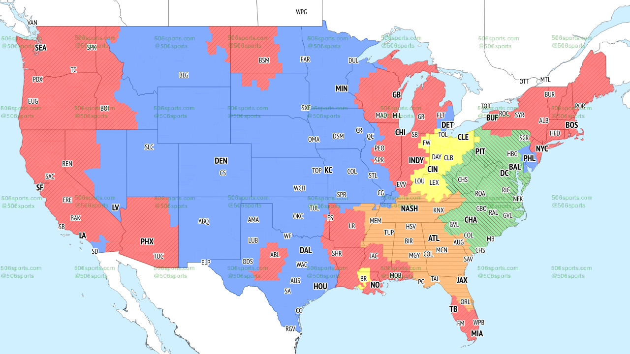 Colored coverage map of the CBS single-game coverage in Week 14.