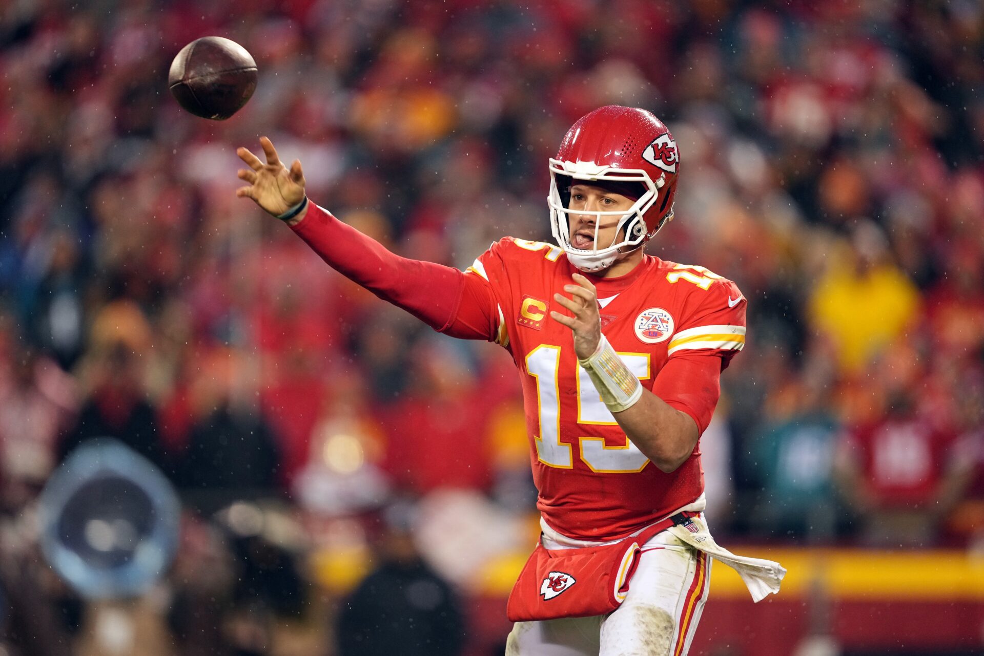 Patrick Mahomes throws against the Jacksonville Jaguars.