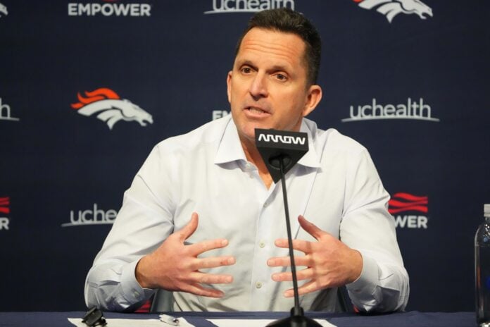 Denver Broncos general manager George Paton talks to the media at a press conference.
