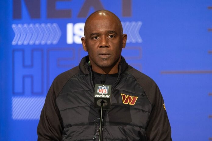 Washington Commanders general manager Martin Mayhew talks to the media during the NFL Combine.